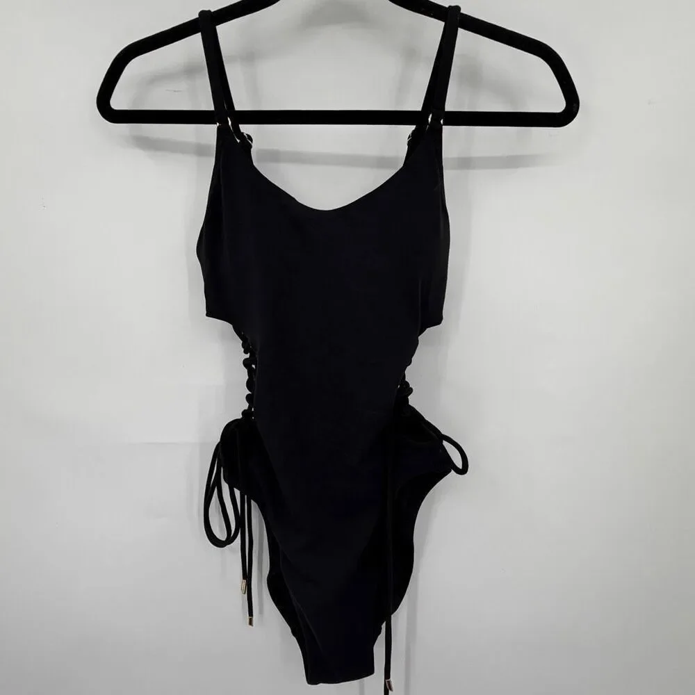 Robin Piccone Black Aubrey Scoop Neck Lace-up One-Piece Swimsuit Size 2